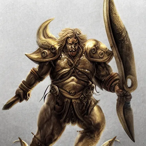 Prompt: Giant minotaur beast warrior with two handed axe, heavy white and golden armor, impressive horns, long mane, full body, muscular, dungeons and dragons, hyperrealism, high details, digital painting