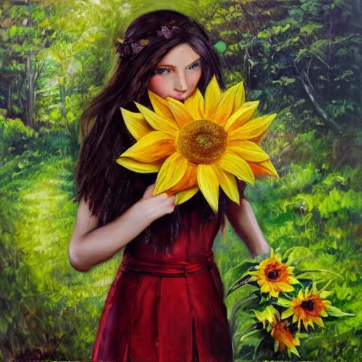 Image similar to beautiful elf girl holding a sunflower in the forest. oil on canvas award winning art gallery painting