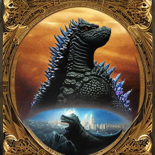 Image similar to portrait of godzilla made with porcelain by Jeff Easley and Peter Elson + beautiful eyes, beautiful face + symmetry face + border and embellishments inspiried by alphonse mucha, fractals in the background, galaxy + baroque, gothic, surreal + highly detailed, intricate complexity, epic composition, magical atmosphere + masterpiece, award winning + trending on artstation