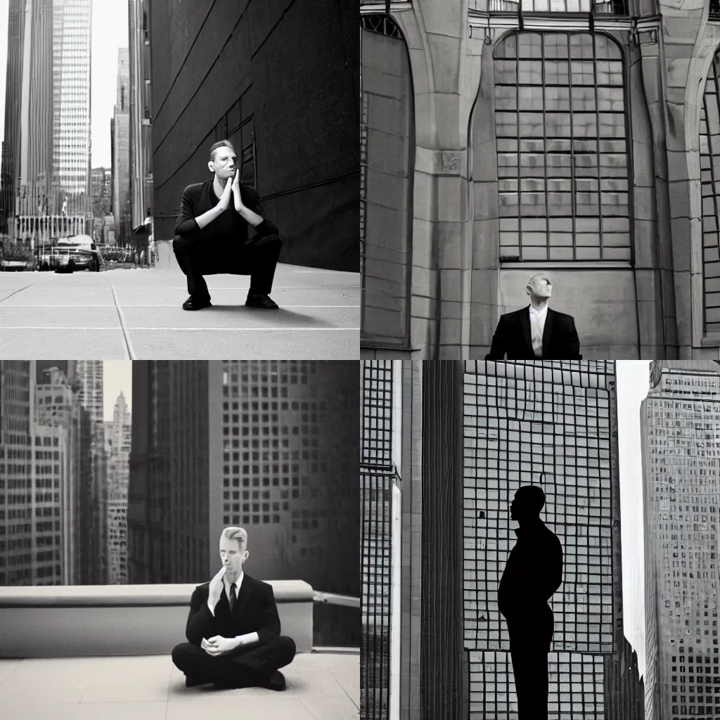 Prompt: man in black in meditation pose facing camera, new york city buildings view behind, leyendecker style