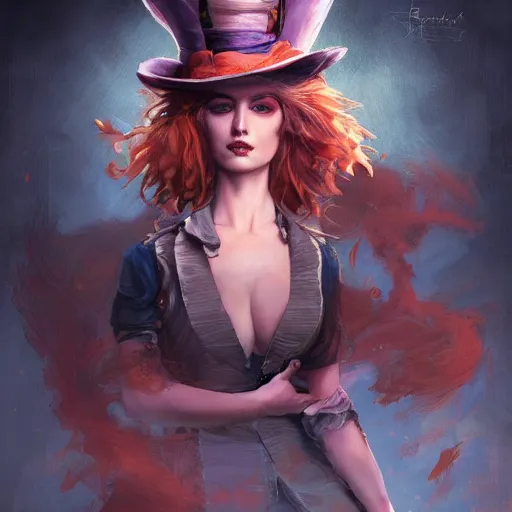 Prompt: realistic, full body portrait, attractive crazy female mad hatter, by Jordan Grimmer and greg rutkowski, crisp lines and color,