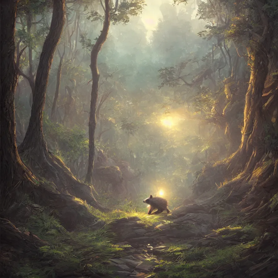 Prompt: raccoon walks in the woods, trending on artstation, 30mm, by Noah Bradley