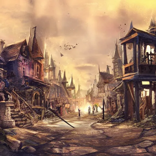 Image similar to fantasy town, barricaded! streets, night watch, ( ( ruins ) )