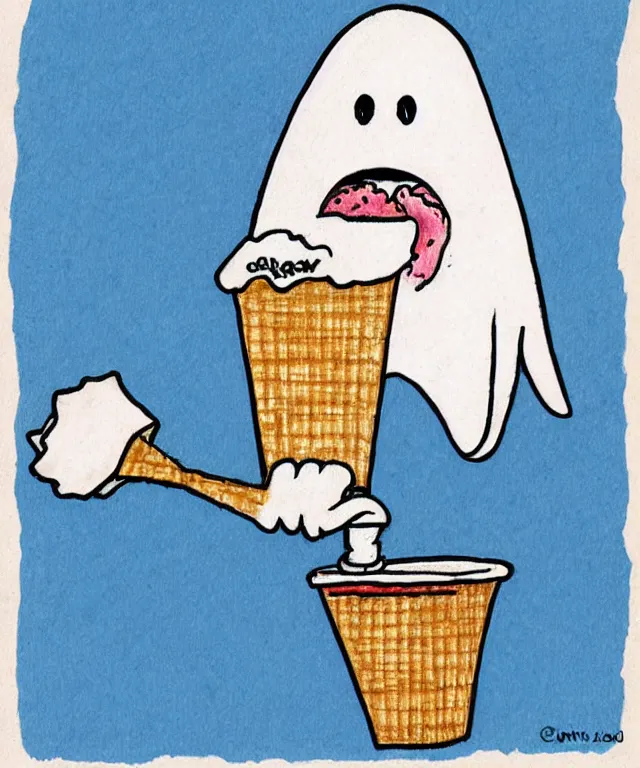 Image similar to cute drawing of a happy ghost holding an ice cream cone, cartoon, anime, cute