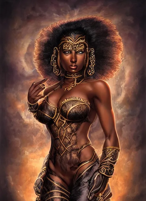 Image similar to a highly detailed symmetrical full body painting of a dark skinned female amazon sorceress with piercing beautiful eyes in dark tomb setting, dynamic lighting, ambient lighting, deviantart, art by artgerm and karol bak and mark brooks