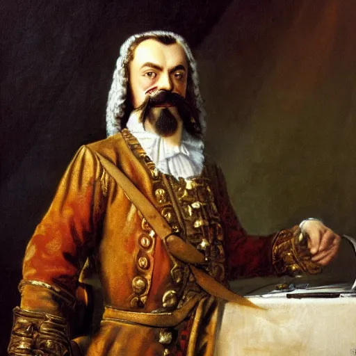 Image similar to russian tsar Peter The Great in tricorne hat and camisole, clean-shaven with small mustache 18th century installs operating system on desktop computer oil painting, detailed, artfully traced, 4k resolution, cinematic, dramatic