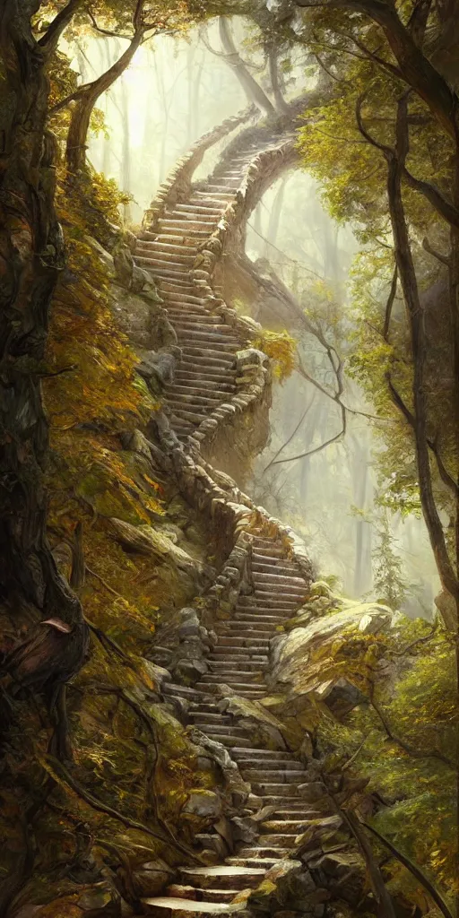 Image similar to a man walking up a steep and winding staircase, in beautiful woods, intricate, elegant, highly detailed, oil painting, artstation, concept art, sharp focus, beautiful illustration, society, by justin gerard and artgerm, 4 k