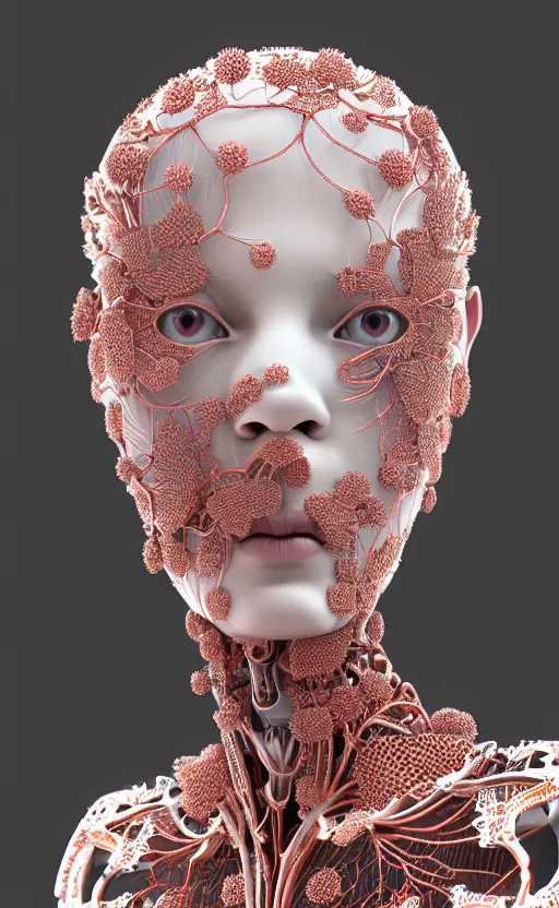 Prompt: complex 3d render ultra detailed of a beautiful porcelain profile woman face, mechanical cyborg, 150 mm, beautiful 3 point lighting, rim light, silver gold red details, luxurious magnolia with leaves and stems, roots, Alexander Mcqueen haute couture, fine foliage lace, mesh wire, filigran intricate details, hyperrealistic, mandelbrot fractal, anatomical, robotic parts, facial muscles, cable electric wires, microchip, elegant, octane render, 8k post-processing