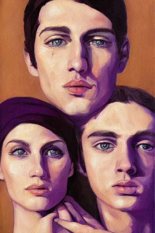 Prompt: a three - quarter portrait of an attractive man and woman, brunettes, oil painting, symetrical detailed faces, rule of thirds, digital art, purple accents