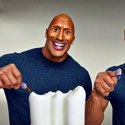 Prompt: obunga and dwayne Johnson promoting toothpaste by showing of their beautiful white teeth and holding toothpaste, hyper realistic, tv commercial