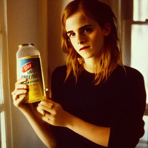 Image similar to Photograph of Emma Watson holding a 40 oz of malt liquor by the window. Golden hour, dramatic lighting. Medium shot. CineStill