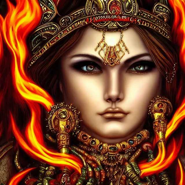 Prompt: perfectly centered close up portrait, goddess of fire, candid photography, by anne stokes, highly detailed