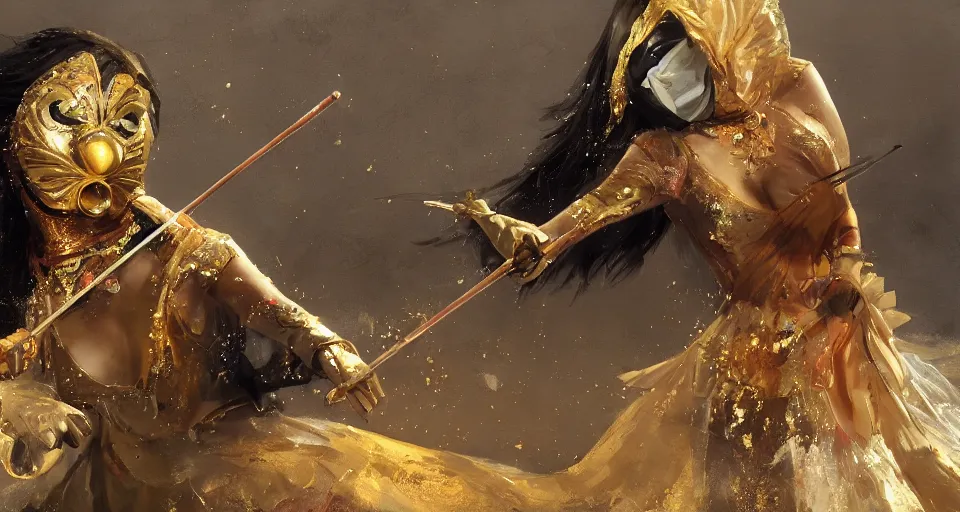 Prompt: craig mullins and ghibli digital art of a masked female violinist, dressed in exotic costumes, gold jewelry and dark hair, performs alone on a huge stage ， unreal engine, hyper realism, realistic shading, cinematic composition, realistic render, octane render, detailed textures, photorealistic, wide shot