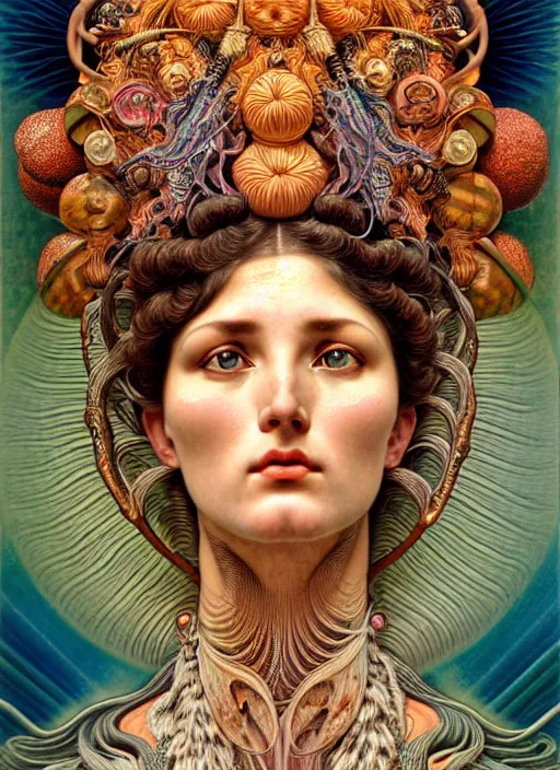 Image similar to hyperrealistic detailed face portrait of the beautiful goddess of the vulcanos with an intricate headgear of a beautiful erupting vulcano with landscape, art by ernst haeckel, john william godward, android jones, alphonso mucha, h. r. giger, gothic - cyberpunk, ornamental, dimmed pastel colours,