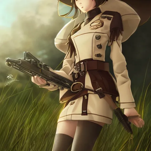 Prompt: girl with steampunk weapons and uniform, serious, finely detailed, made by wlop, studio ghibli, artgerm, full body portrait, illustration, grass, sunny, sky, anime, side view, perfect anime face, detailed face, zoomed out, smooth,