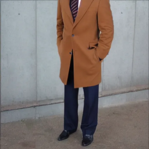 Image similar to phillip as gene hunt wearing a brown camel coat and necktie.