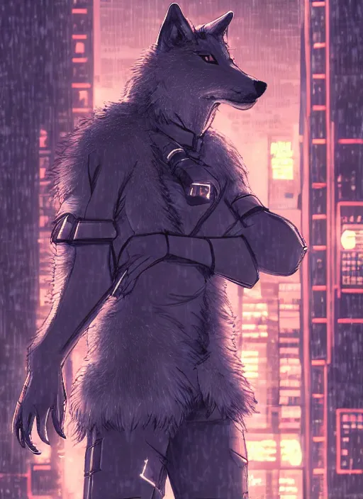 Image similar to character portrait of a male anthro wolf fursona with a tail and a cute beautiful attractive detailed furry face wearing stylish cyberpunk clothes in a cyberpunk city at night while it rains. hidari, color page, tankoban, 4K, tone mapping, Akihiko Yoshida.