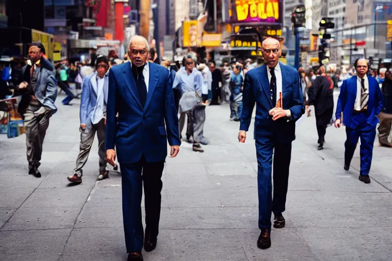 Image similar to Space men in suits without arms in bright colors walk the streets of new york, among us, natural light, sharp, detailed face, magazine, press, photo, Steve McCurry, David Lazar, Canon, Nikon, focus