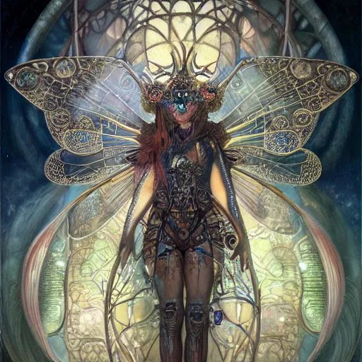 Image similar to realistic illustration of a beautiful rusted mechanical faerie queen with glowing eyes, moth wings with geometric patterns, reflective detailed textures, highly detailed dark fantasy science fiction painting by donato giancola and tom bagshaw and diego rivera and jean delville, silver and cool colors, artstation, octane render