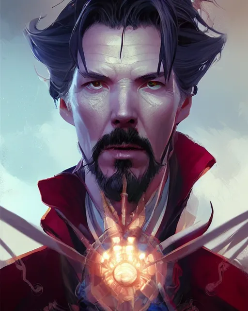 Prompt: still film, elegant mysterious gracious undead doctor strange if made by krenz cushart and wenjun lin, portrait, illustration, rim light, top light, summer clear blue sky, perfectly shaded, soft painting, epic, intricate, art