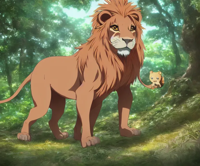 Prompt: kawaii lion in a forest, anime fantasy illustration by tomoyuki yamasaki, kyoto studio, madhouse, ufotable, comixwave films, trending on artstation