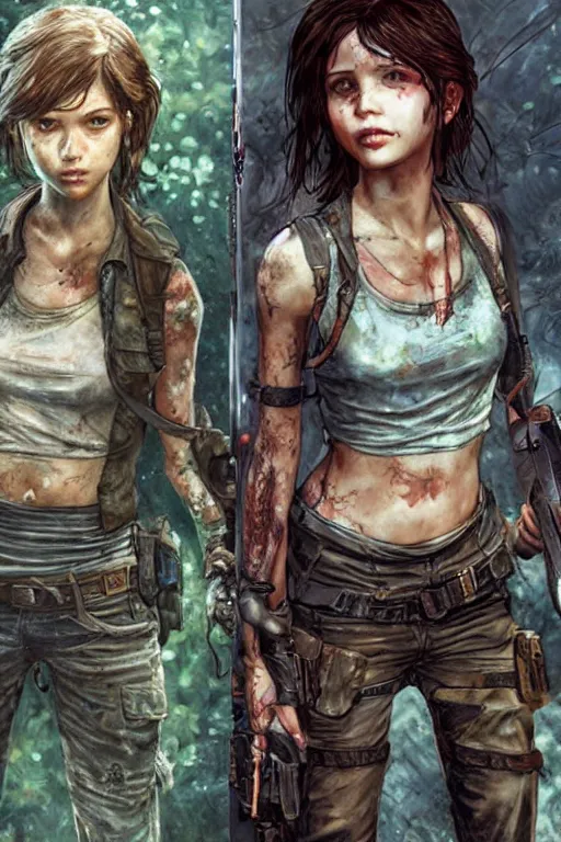 Image similar to daughter of ellie from the last of us and lara croft from tomb raider. fashion, fantasy, art by ayami kojima, vasnetsov, cedric peyravernay