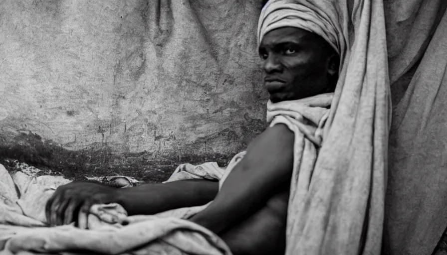 Prompt: movie still by djibril diop mambety of a man in drapery made of flesh in a barque on a river, leica sl 2, heavy grain, high quality, high detail