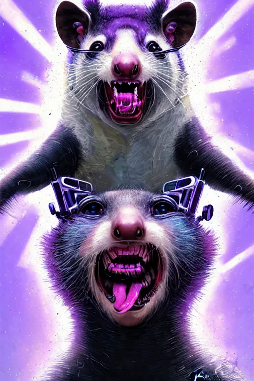 Image similar to a beautiful portrait of a cute cyberpunk opossum screaming by sandra chevrier and greg rutkowski and wlop, purple blue color scheme, high key lighting, volumetric light, digital art, highly detailed, fine detail, intricate, ornate, complex, octane render, unreal engine, photorealistic