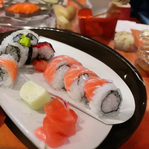 Prompt: vampire clown spins sushi at the table