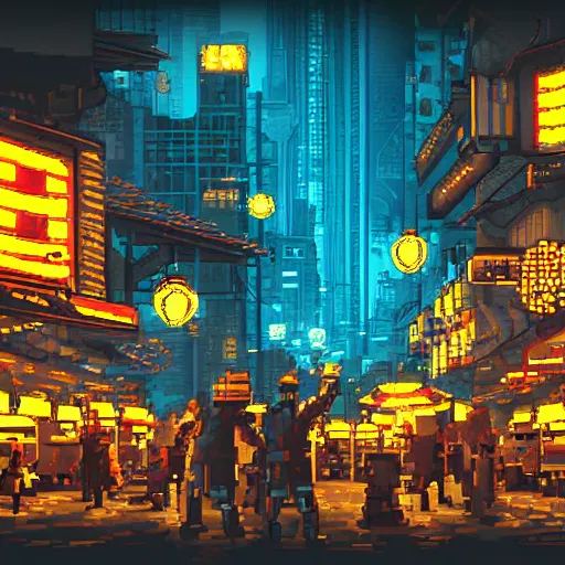 Image similar to fantastic lighting, pixel art, high detail , 16 bits, cyberpunk market, 2d