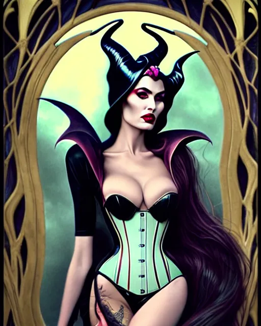 Prompt: new art nouveau portrait of fantasy succubus maleficent megan fox wearing a latex corset, anna dittmann, patrick nagle, charlie bowater and loish. long windblown hair, very large, clear, expressive, and intelligent eyes, ultrasharp focus, dramatic lighting, photorealistic digital matte painting, intricate ultra detailed background.