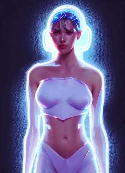 Image similar to portrait of european female humanoid, transparent clothing, elegant, cyber neon lights, highly detailed, digital illustration, trending in artstation, trending in pinterest, glamor pose, concept art, smooth, sharp focus, art by artgerm and greg rutkowski