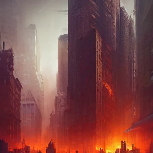 Prompt: new york city in a post apocalyptic earth as seen by greg rutkowski, dark theme, enchanted, warm colors, high quality, waw, trending on artstation