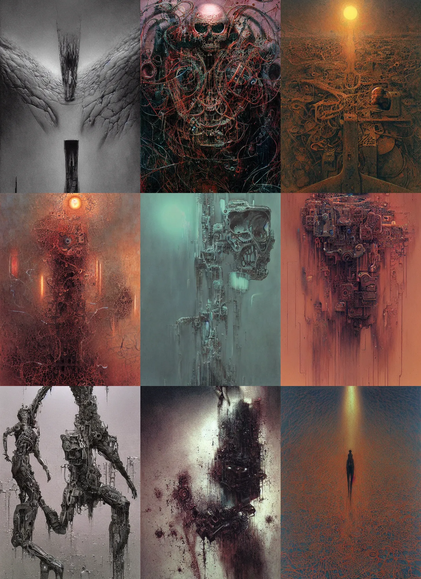 Prompt: machinic desire, Nick Land\'s abstract philosophical concept illustrated by James Gurney and Zdislaw Beksinski