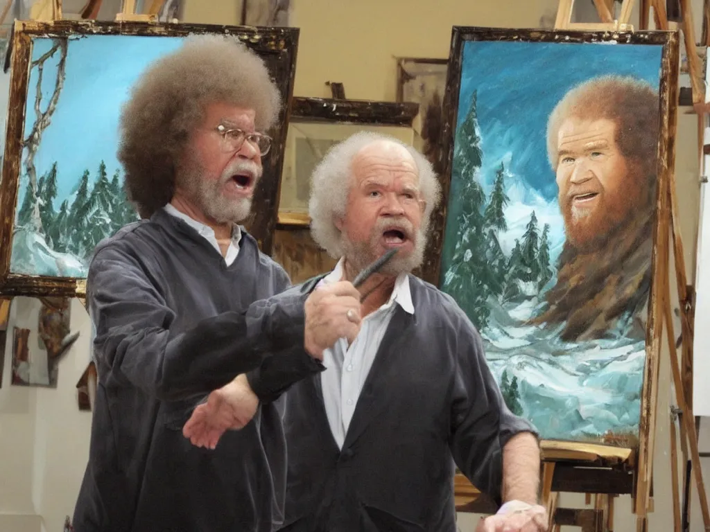 Image similar to old bob ross is sad and angry and yelling at a huge painting by bob ross