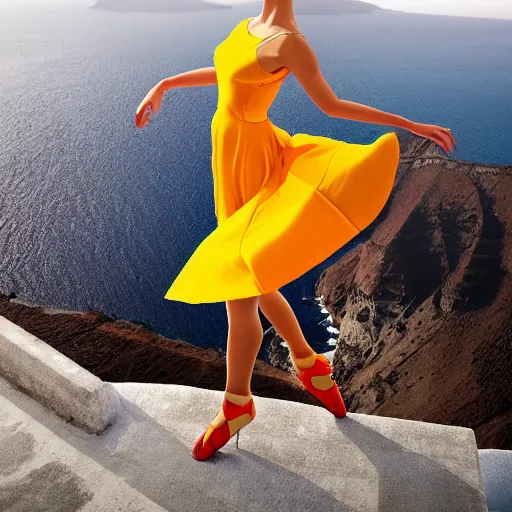 Image similar to beautiful modern dancer wearing a red and yellow and blue swirling dress, standing on a Santorini terrace looking down into the ocean, trending on artstation, cinematic, photorealistic