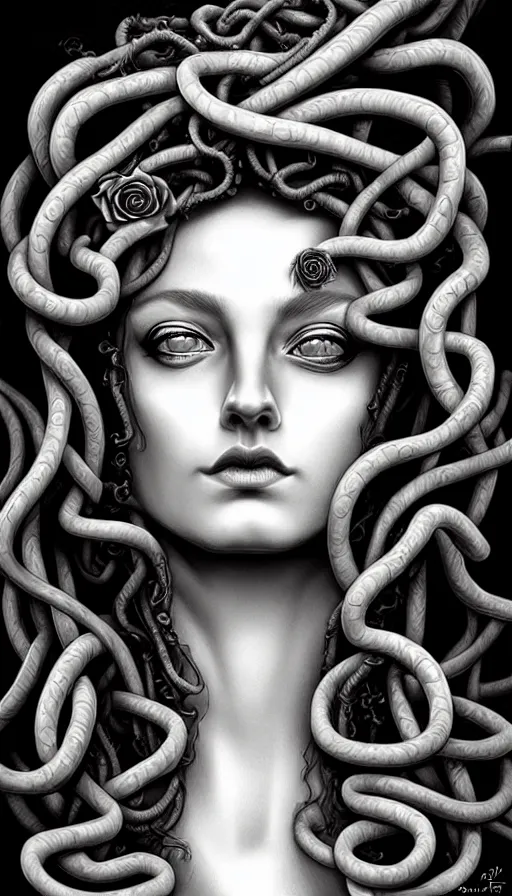 Image similar to , medusa, symmetrical portrait, realistic, full body, black rose, rich detail, by stanley artgerm photo - grade