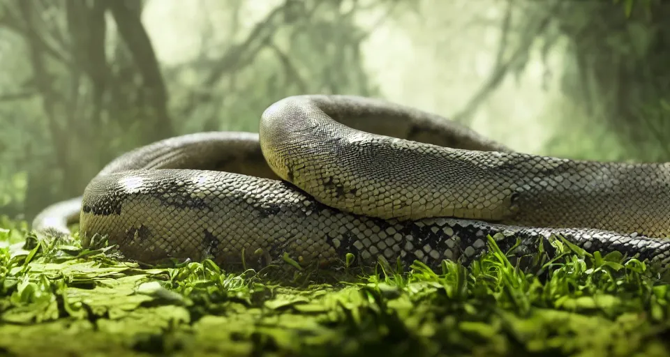 Image similar to closeup portrait of a python laying in a circle in a jungle environment, dramatic lighting, cinematic, octane render, cgsociety, artstation, 4k