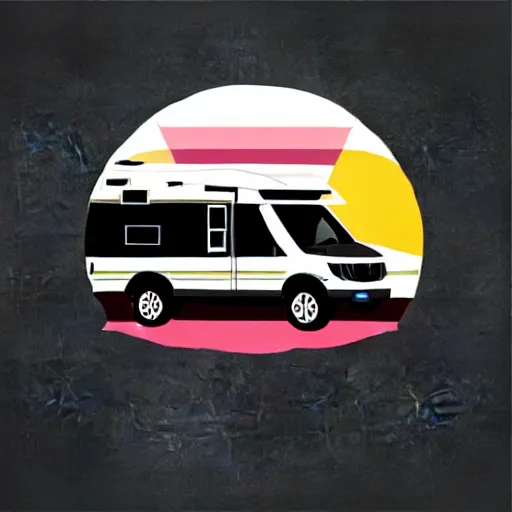 Image similar to very very very stylized minimal vector graphic of a thor chateau motorhome, hills and sunset!!, white background, all enclosed in a circle, dramatic, professional minimal graphic design cartoon