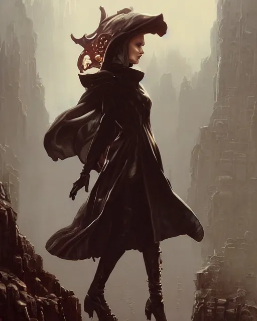 Image similar to beautiful fantasy character portrait, natalie portman, wearing oversized black trench coat, ultra realistic, wide angle, dramatic lighting, vultures, cyberpunk artifacts, highly detailed by peter mohrbacher, hajime sorayama, wayne barlowe, boris vallejo, aaron horkey, gaston bussiere, craig mullins