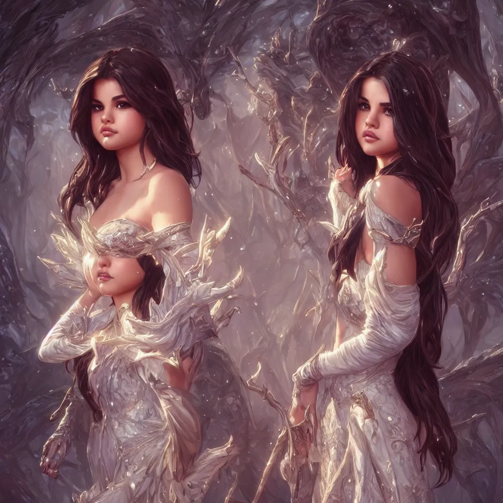 Image similar to Selena Gomez casting an frost spell, D&D, fantasy, intricate, elegant, highly detailed, digital painting, artstation, concept art, matte, sharp focus, illustration, hearthstone, art by Artgerm and Greg Rutkowski and Alphonse Mucha