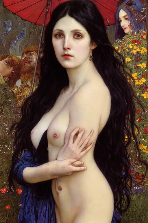 Image similar to masterpiece painting of ephemeral vampire raven haired girl by donato giancola, darius zawadzki and tom bagshaw, face by artgerm and edmund leighton, alphonse mucha, background by james jean and gustav klimt, 8 k, horror, dark color palette, volumetric lighting, porcelain skin, french nouveau, trending on pixiv