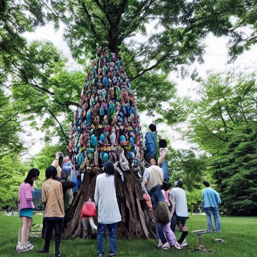 Image similar to composed celadon by hayao miyazaki, by jacob hashimoto. sculpture. a group of people gathered around a large tree in a forest. the tree is surrounded by a bright light, & the people appear to be looking up at it in wonder.