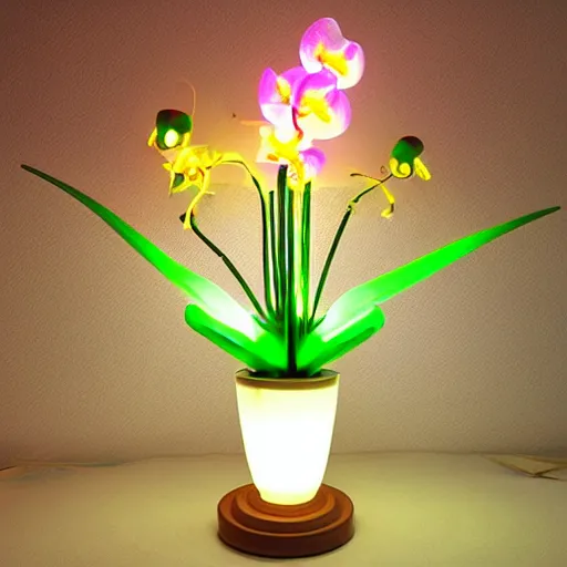 Prompt: mechanical, cybertronic, led orchid flower, glowing