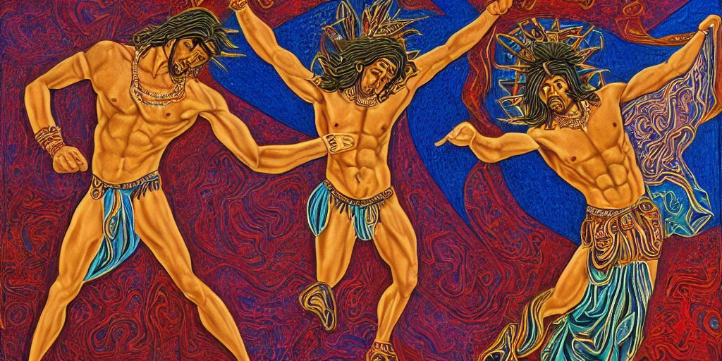 Image similar to an abstract spiritual background, a latino greek god dancing in ecstasy, clear eyes. 2 4 mm, photorealistic, muted color scheme, directed by mati klarwein