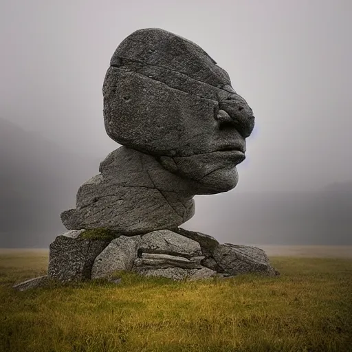 Image similar to giant stone man by grzegorz rutkowski, atmospheric haze, stormy, tundra, hudson river school, princess in foreground, large scale