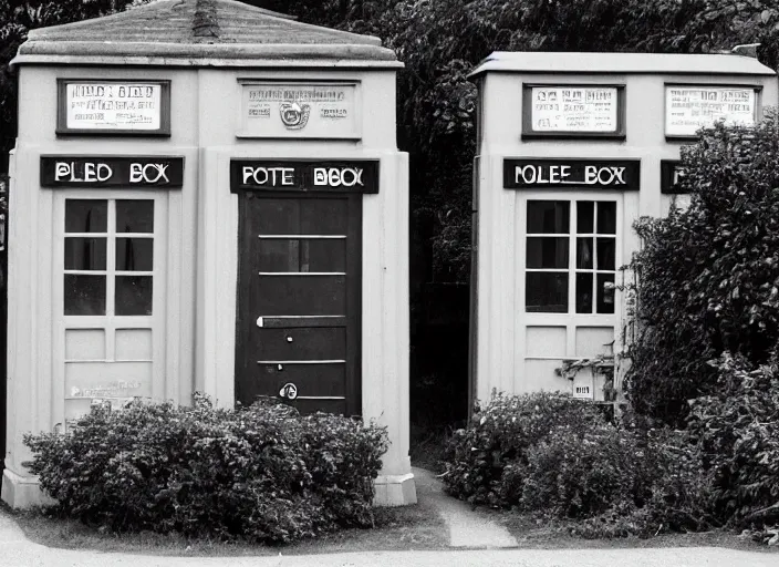 Image similar to photo of a metropolitan police box in front of houses in suburban london, police box, tardis, 1936, sepia