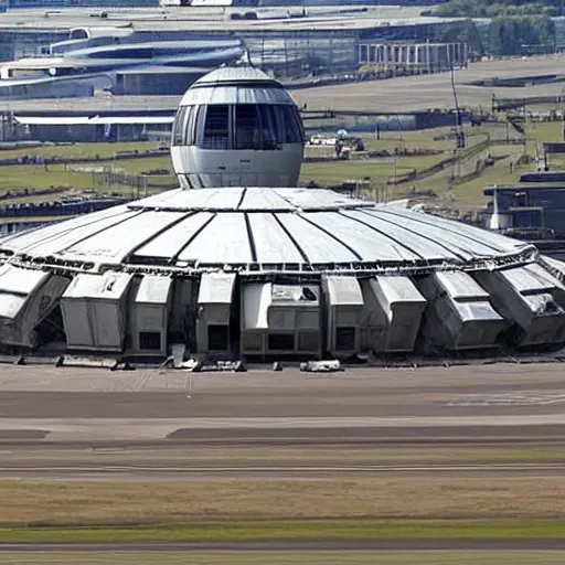 Prompt: the millennium falcon landing at heathrow airport.