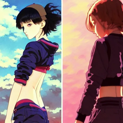 Image similar to a beautiful! boyish! natalie portman alluring gravure! model, wearing oversized mayan bomber jacket and leotard with overalls, bulky poofy bomber jacket with mayan patterns, gapmoe yandere grimdark, trending on pixiv fanbox, painted by greg rutkowski makoto shinkai takashi takeuchi studio ghibli, akihiko yoshida