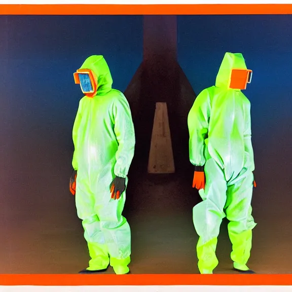 Prompt: two scientists wearing neon blue and orange rick owens hazmat suits with their hands in their pockets escaping the glowing geometric vortex by frank frazetta. rim lighting. glowing neon lights.